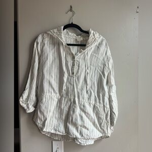 C&C California Linen Hoodie Tunic Top Coastal Boho Stripe Clean Girl Scandi M